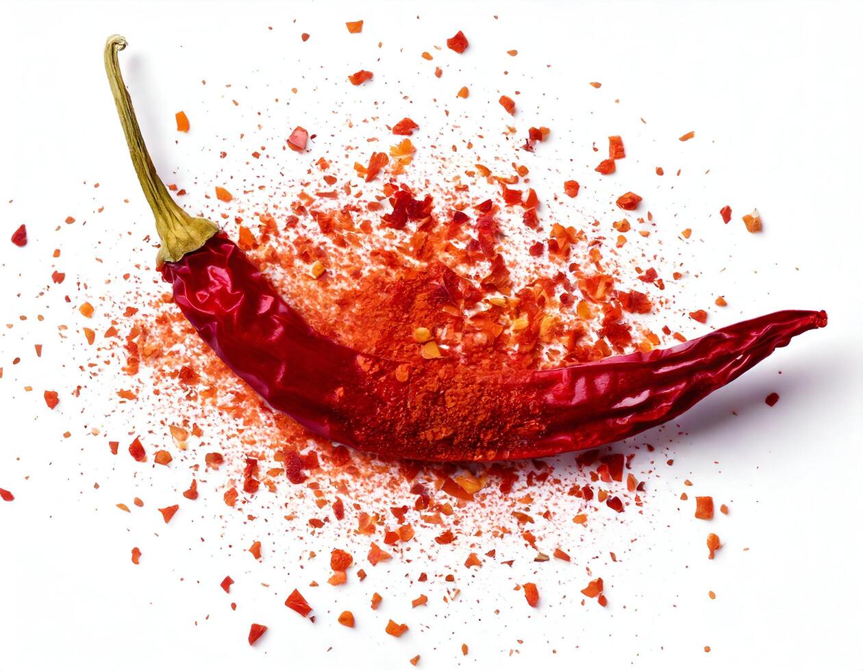 Red chili powder with fresh dried red chili on white background photo