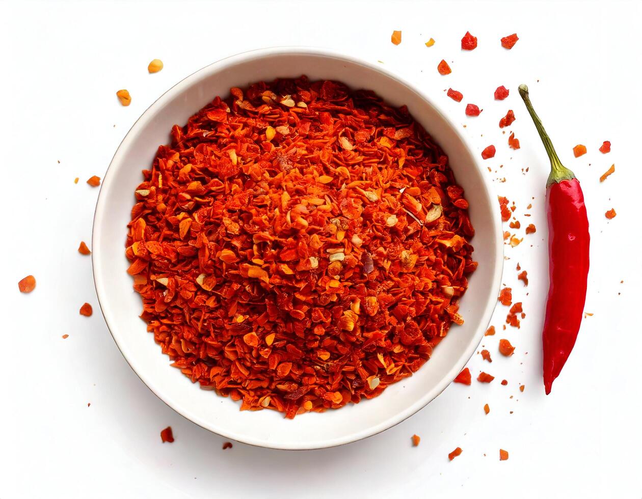 Top view of Red chili powder bowl with dried red chili on white background photo