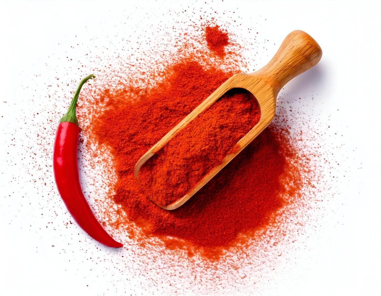 Top view of Chili powder wooden spoon with red chili on white background photo