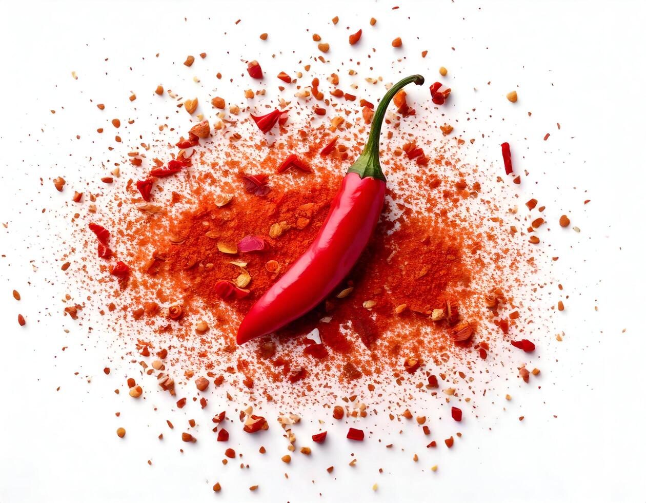 Chili powder with red chili on white background photo