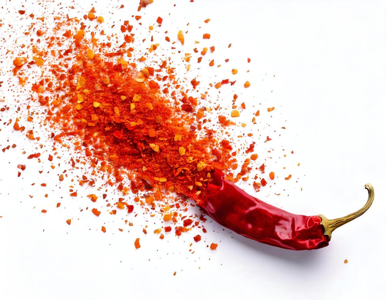 Top view of Red Chili powder with dried red chili on white background photo