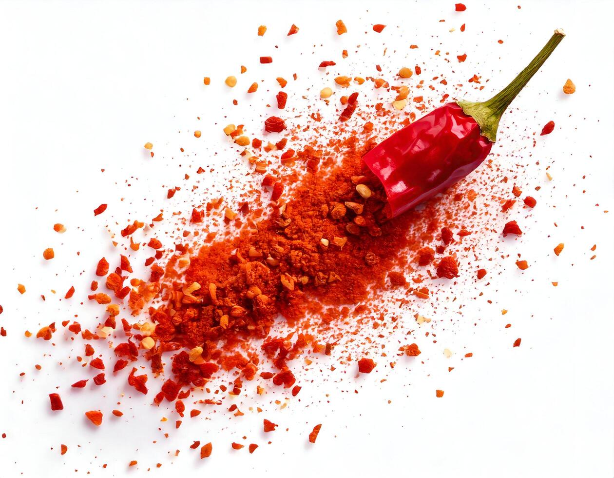 Top view of Chili powder with dried red chili on white background photo