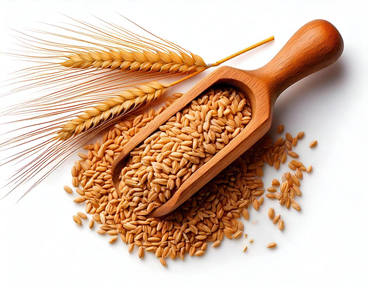 Wheat seeds wooden spoon with wheat branch on white background photo