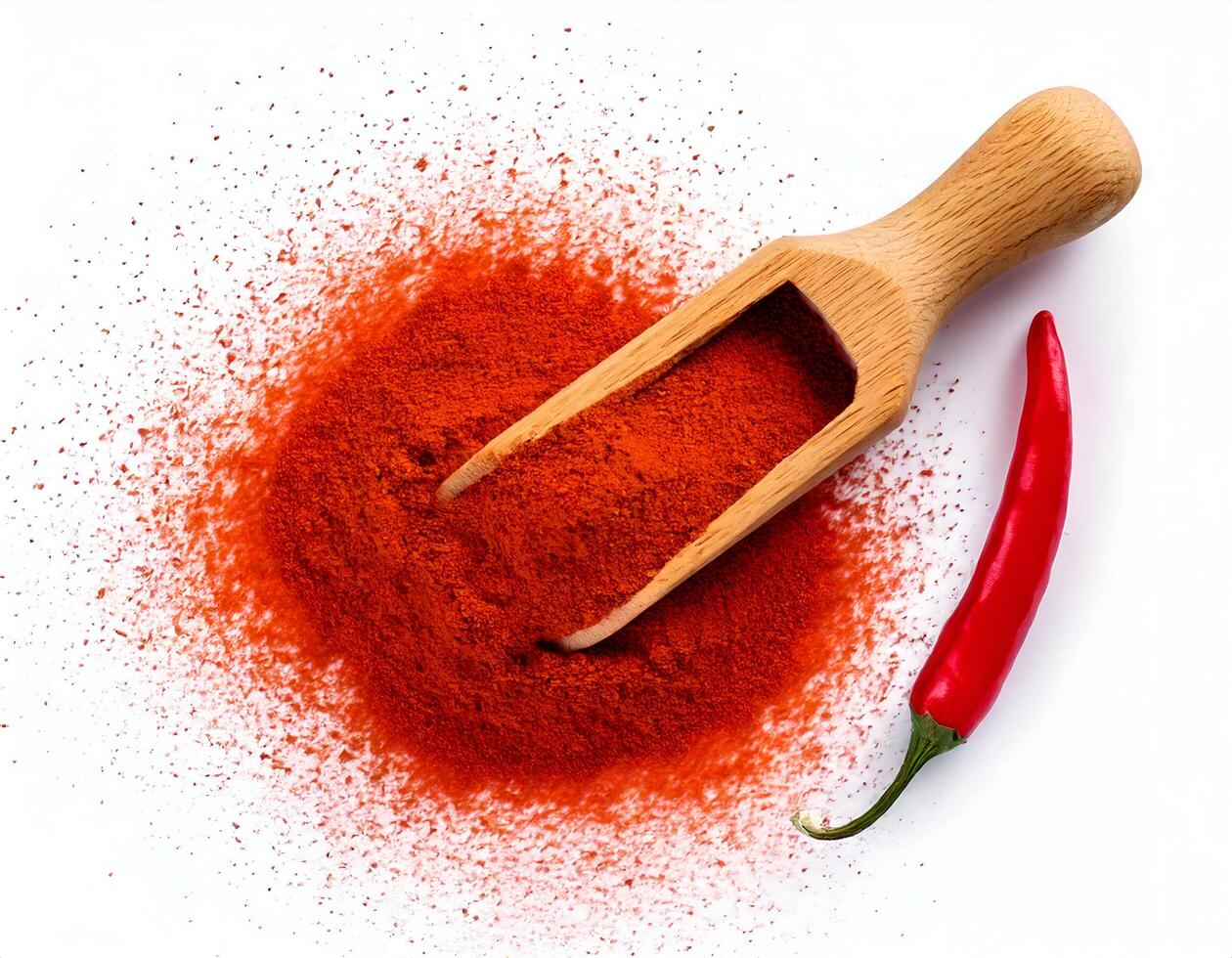 Top view of Chili powder wooden spoon with dried red chili on white background photo