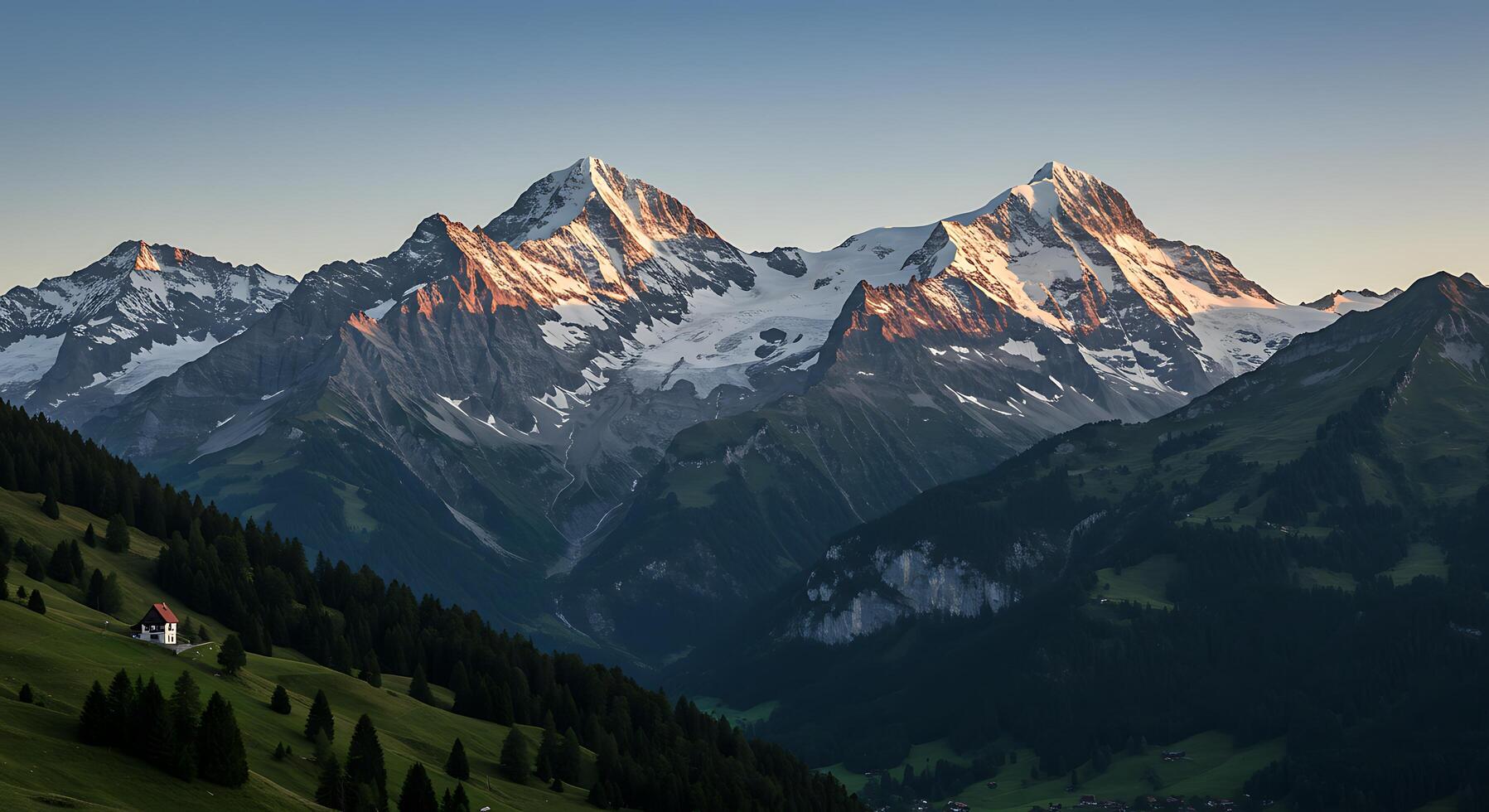 A mountain range with a church in the foreground photo