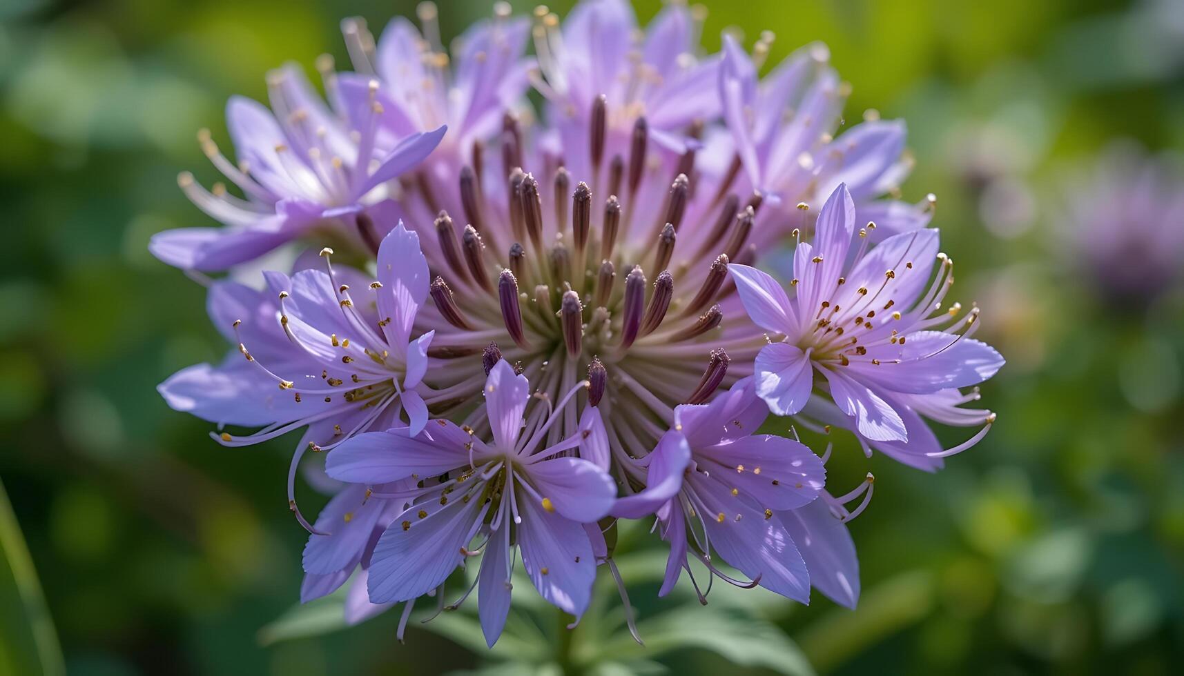 A purple flower with many petals in the middle of a green field photo