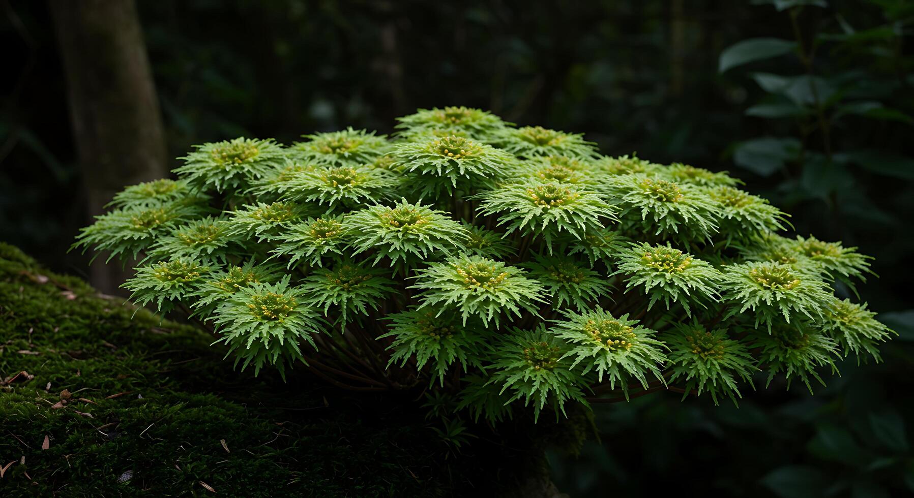 A small plant with green leaves growing on a mossy branch photo