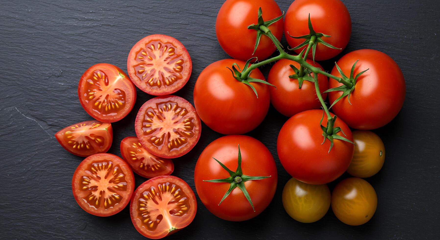 Tomatoes are arranged on a black surface photo