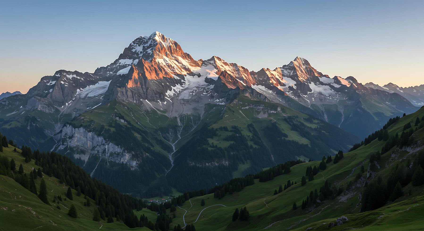 A mountain range with a road leading to it photo