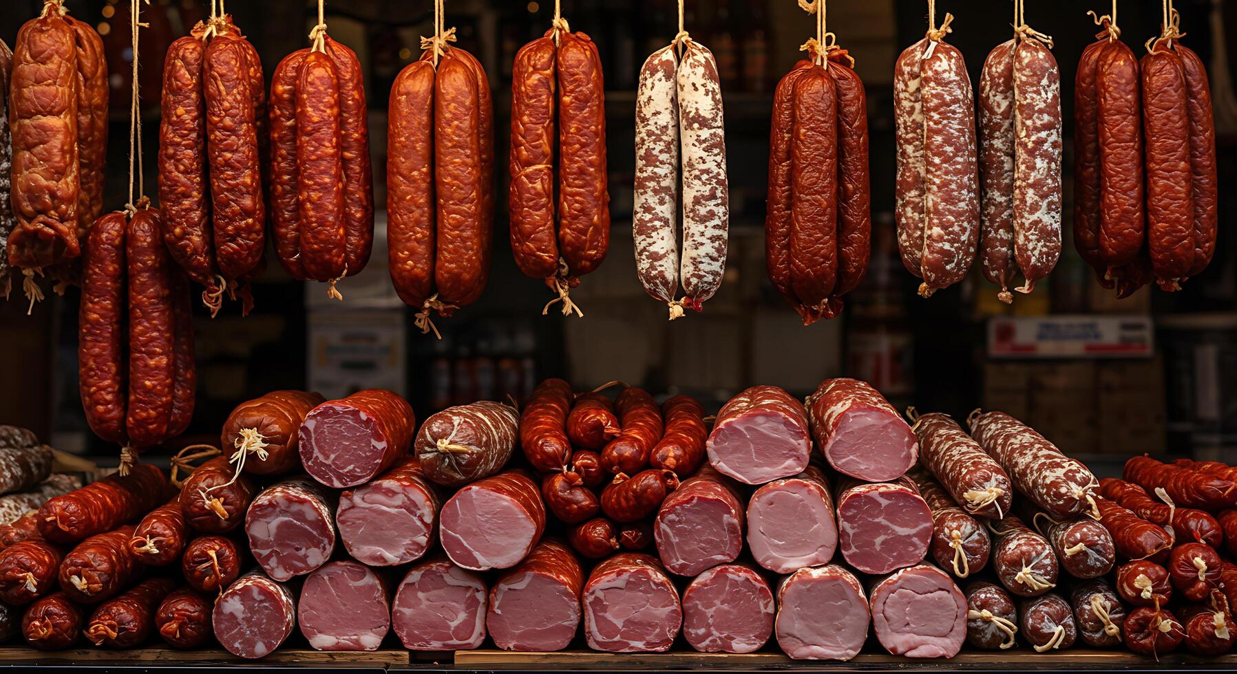 A bunch of sausages hanging on a rack photo