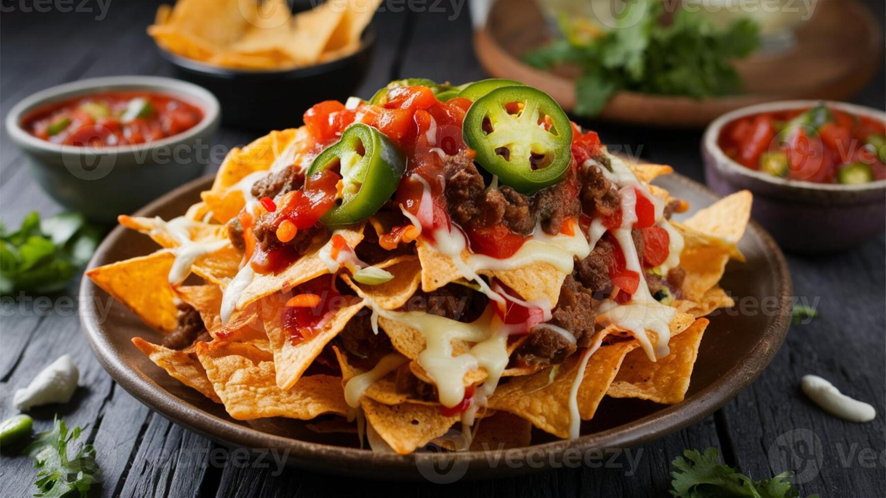 Nachos Crispy tortilla chips piled with melted cheese, jalapeos, salsa, and often topped with beef or beans. A crowd-pleasing snack. photo