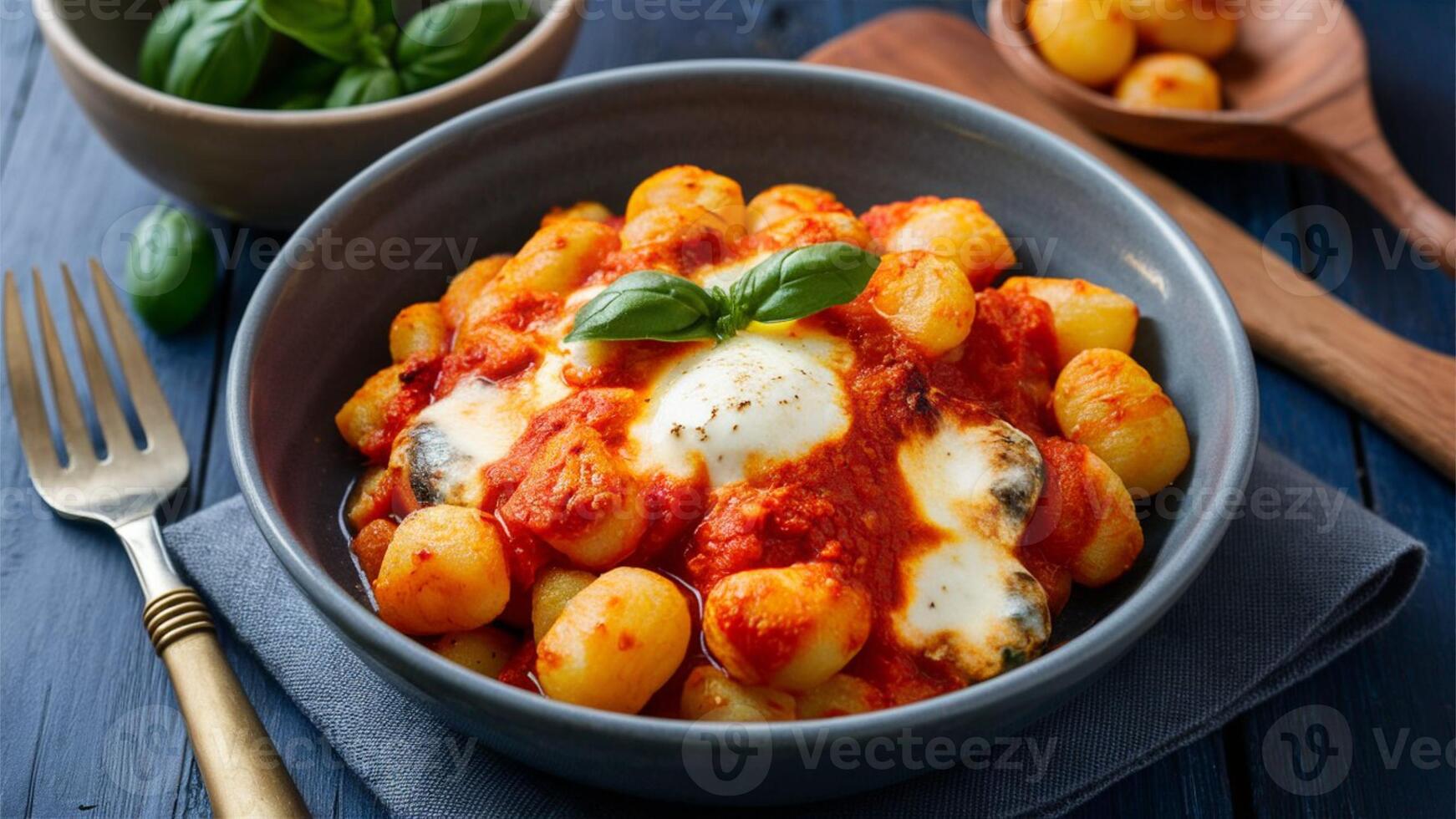 Gnocchi alla Sorrentina Soft potato gnocchi baked in a tomato sauce with melted mozzarella and basil, creating a comforting and cheesy dish from Sorrento. photo