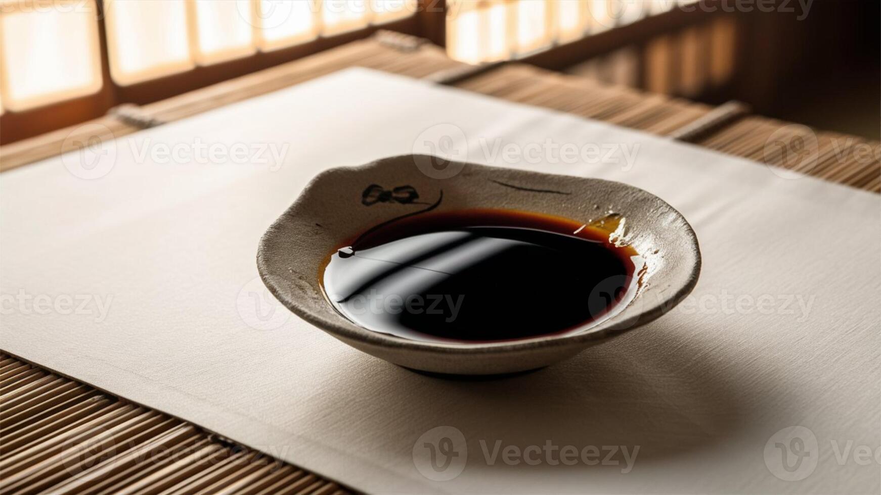 Soy Sauce Dark, glossy soy sauce in a traditional ceramic dish, set against a bamboo mat, evokes the depth of umami in Japanese cuisine. photo