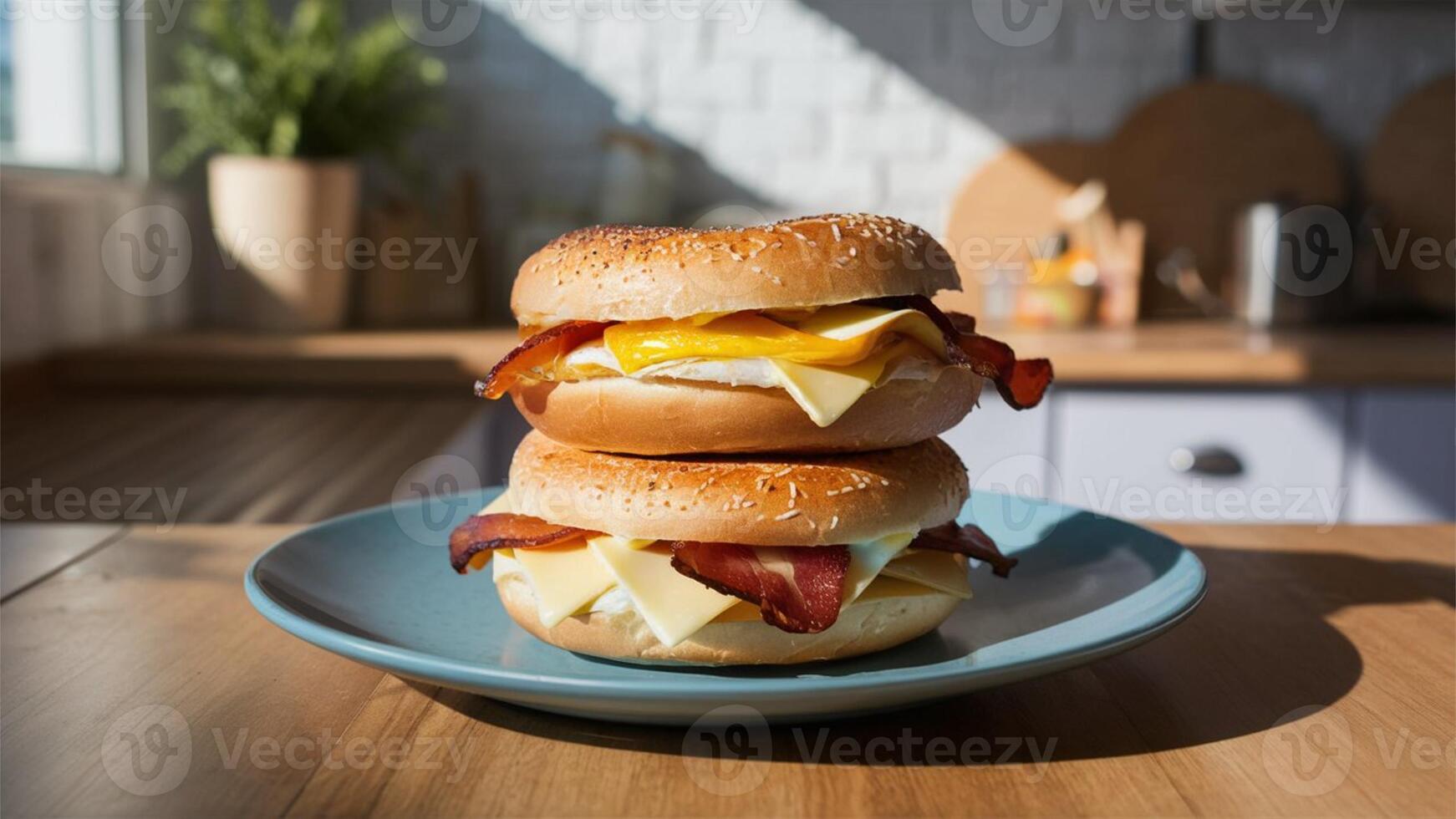 Bagel Breakfast Stack A hearty sandwich of egg, bacon, and cheese on a bagel, with a sunlit kitchen backdrop, incorporating slight shadows for depth and texture. photo