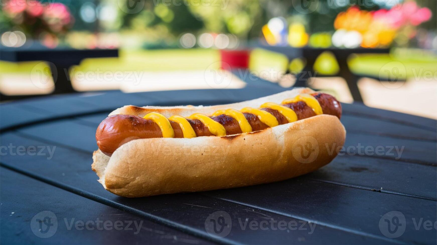 Classic Grilled Dog A barbecued hot dog with bright yellow mustard, resting on a picnic table with blurred park scenery in the background photo