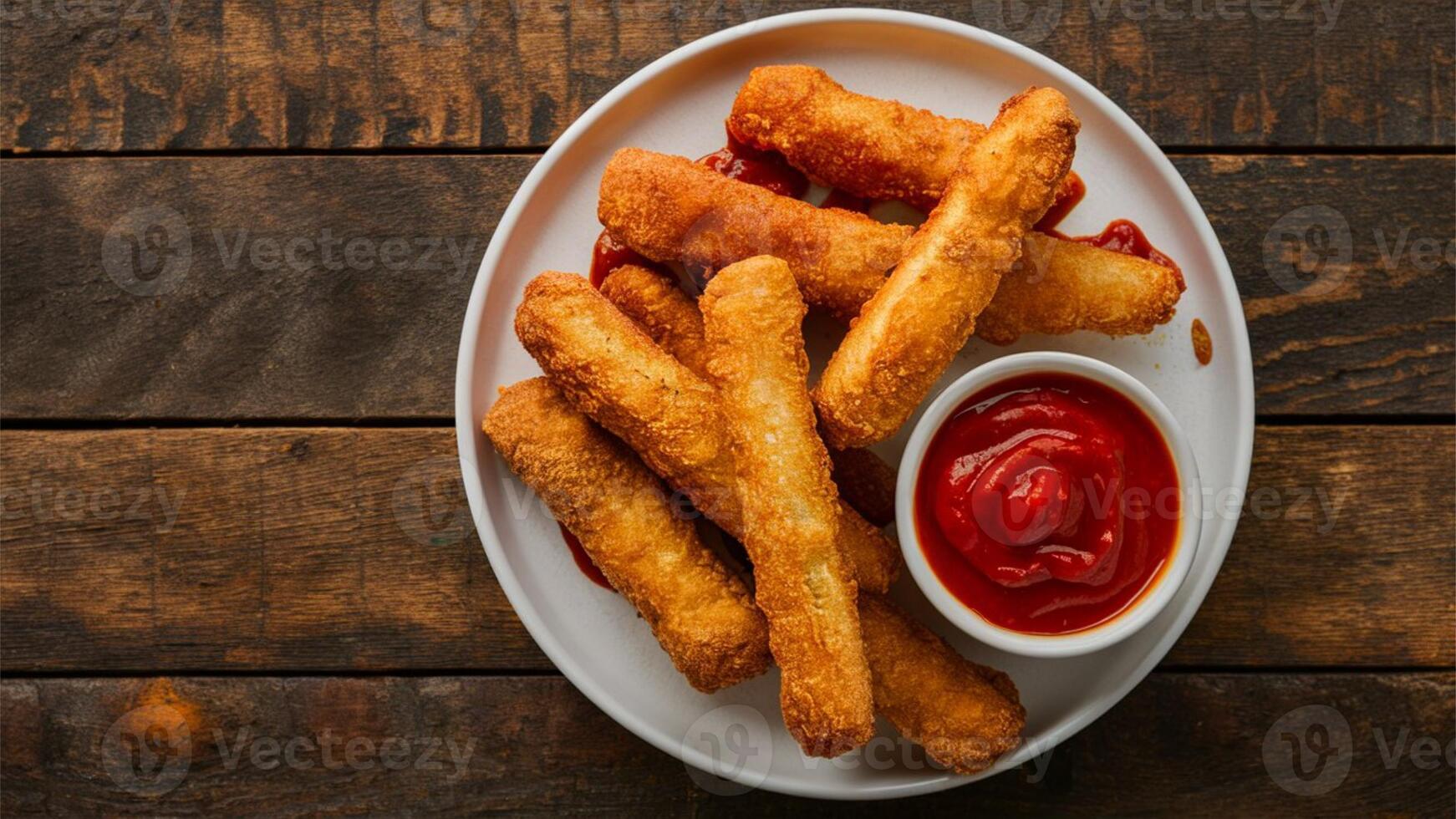 Fried Mozzarella Sticks Homemade fried mozzarella sticks served hot with a side of marinara sauce, against a rustic wooden table background. photo