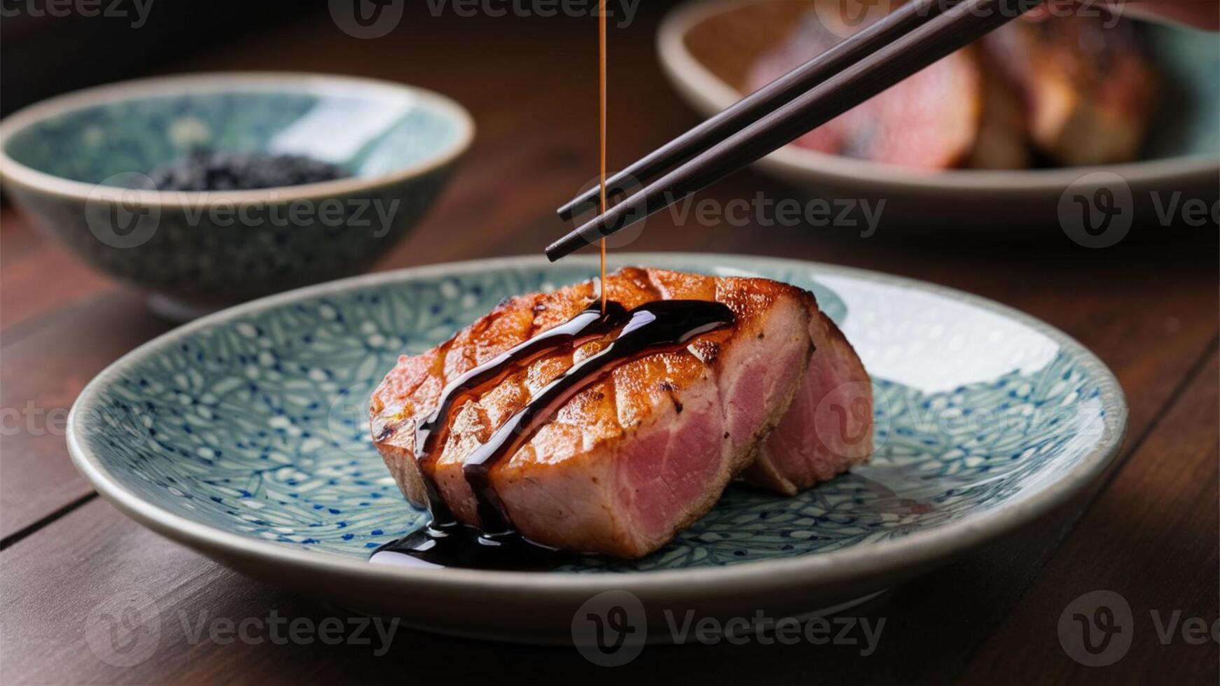 Sesame Tuna Steak Homemade grilled sesame tuna steak drizzled with soy sauce, elegantly plated with chopsticks against an Asian-inspired table setting. photo