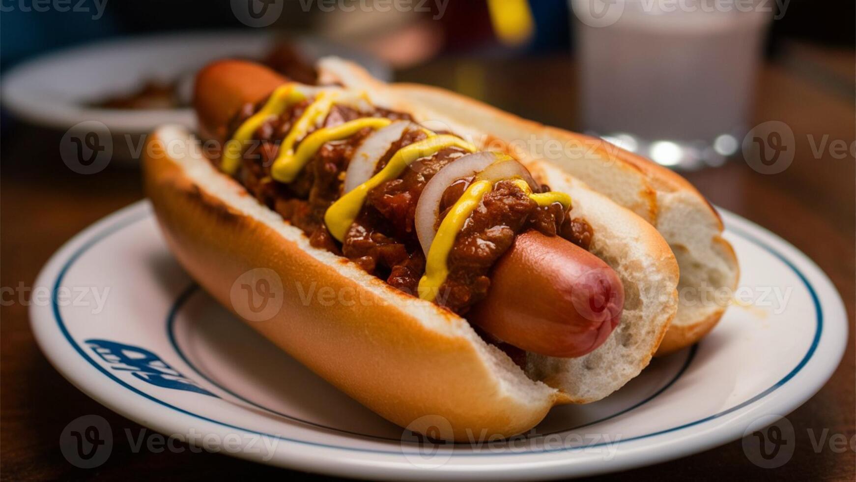 Coney Island hot dog - Hot dog with beef chili, onions, and mustard. focus on vegetable and blur background, photo