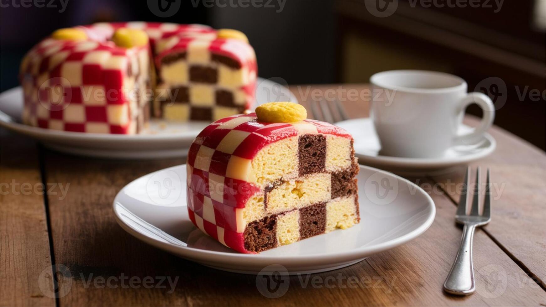 Battenberg Cake - Checkered sponge cake wrapped in marzipan, colorful and sweet. photo