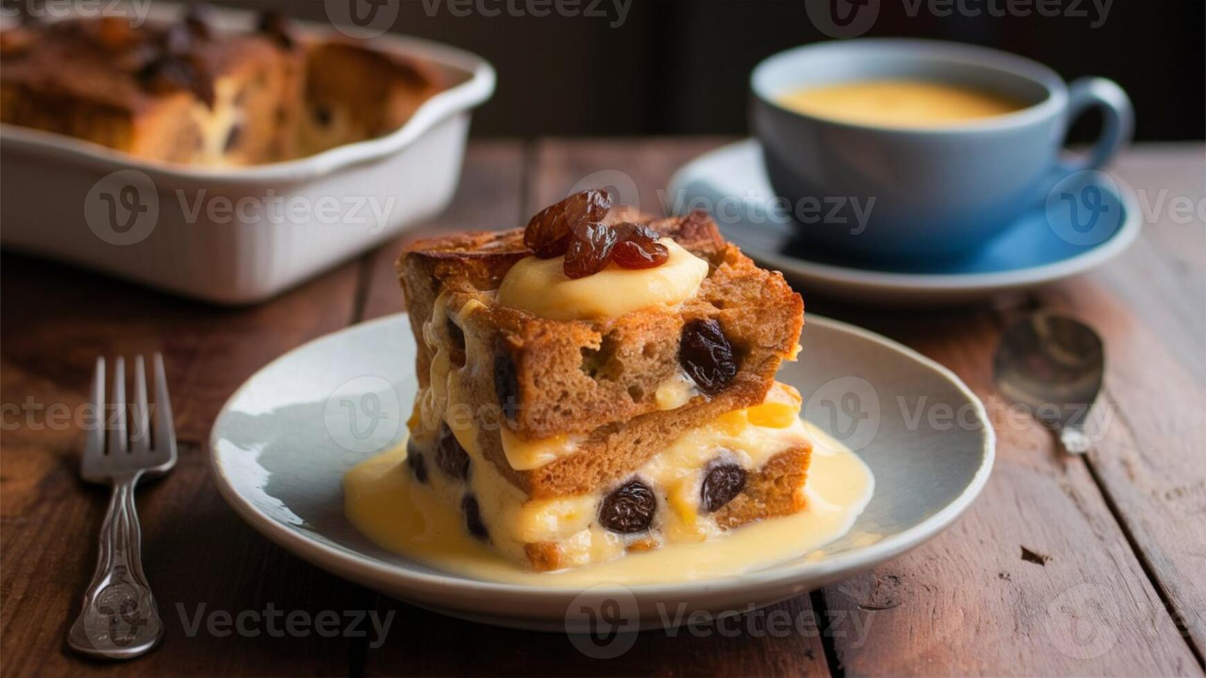 Bread and Butter Pudding - Layered bread, butter, and raisins baked in custard. photo