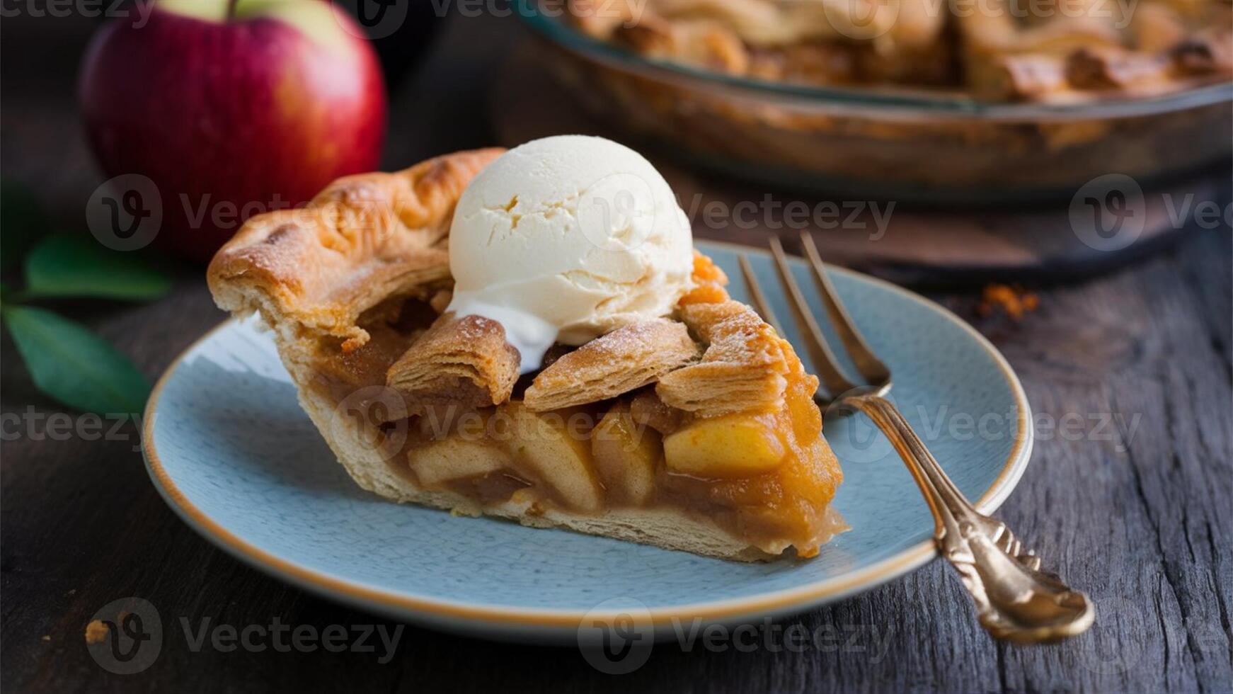Apple Pie A classic American dessert made with a flaky pastry crust filled with spiced, sweetened apple slices, often served with vanilla ice cream. photo