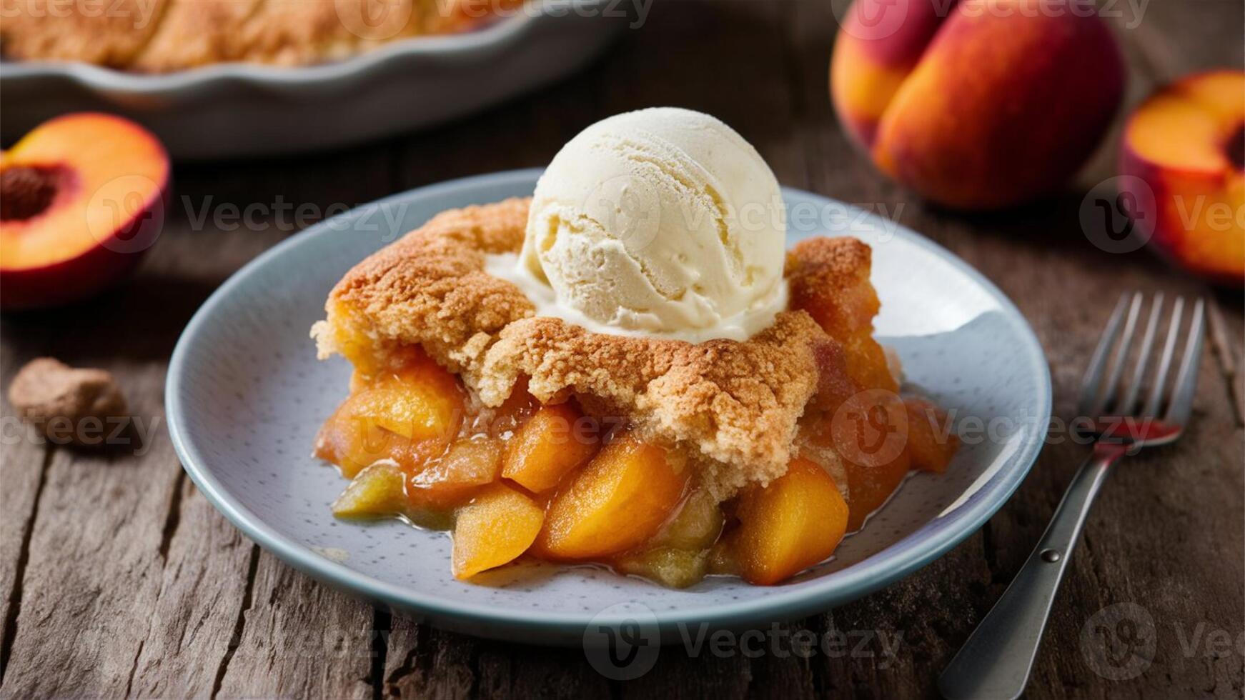 Peach Cobbler A warm, gooey dessert with juicy peaches and a golden, buttery crust. A Southern classic perfect with a scoop of vanilla ice cream photo