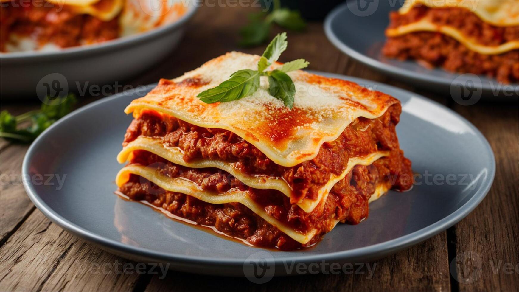 Lasagna alla Bolognese rich layered dish featuring sheets of pasta, Bolognese meat sauce, bchamel, and Parmesan cheese, baked until bubbly and golden. photo