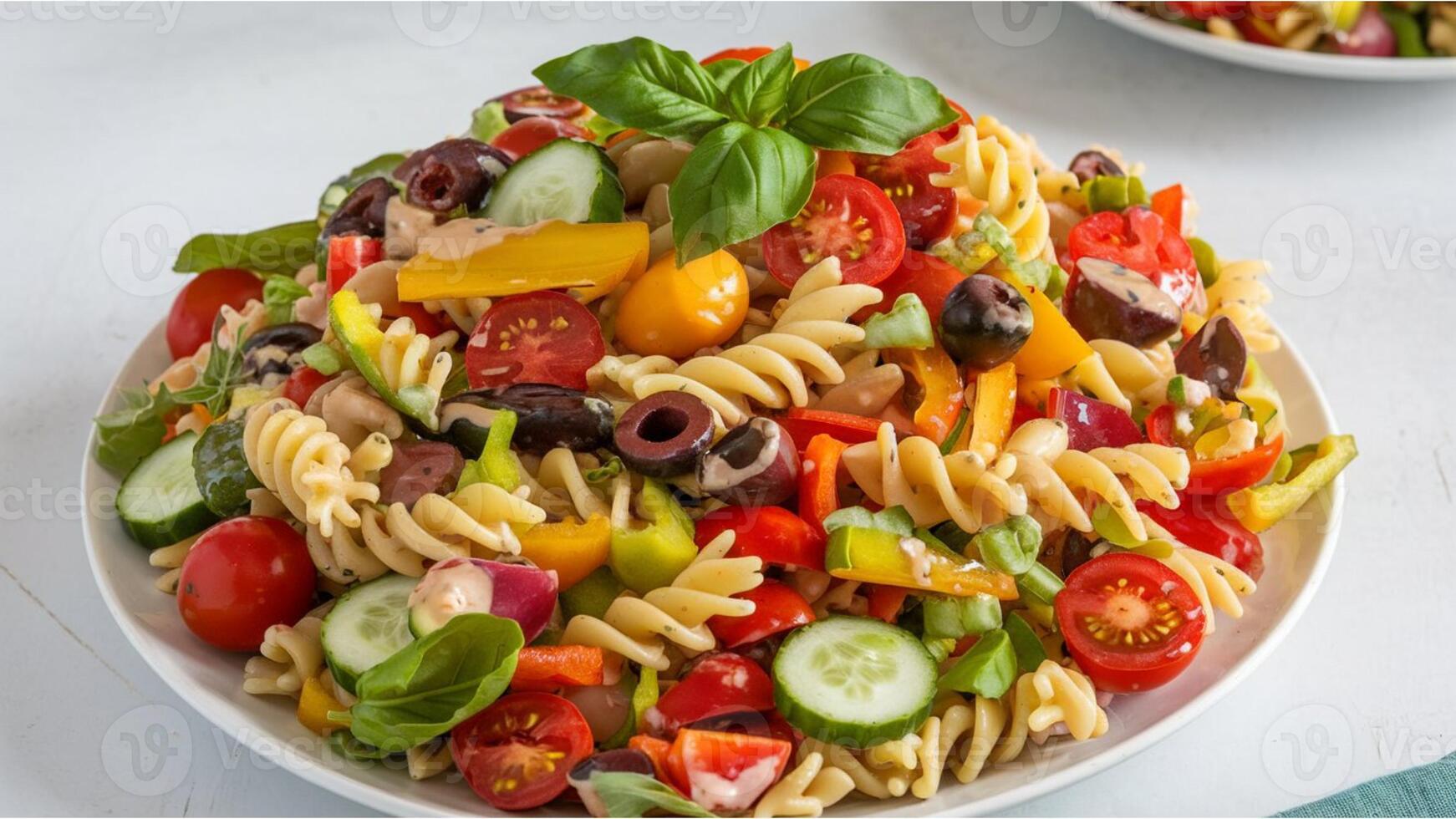 Insalata di Pasta Vibrant pasta salad with crisp vegetables and a tangy dressing, ideal for capturing the freshness and color of Italian summer dishes. photo