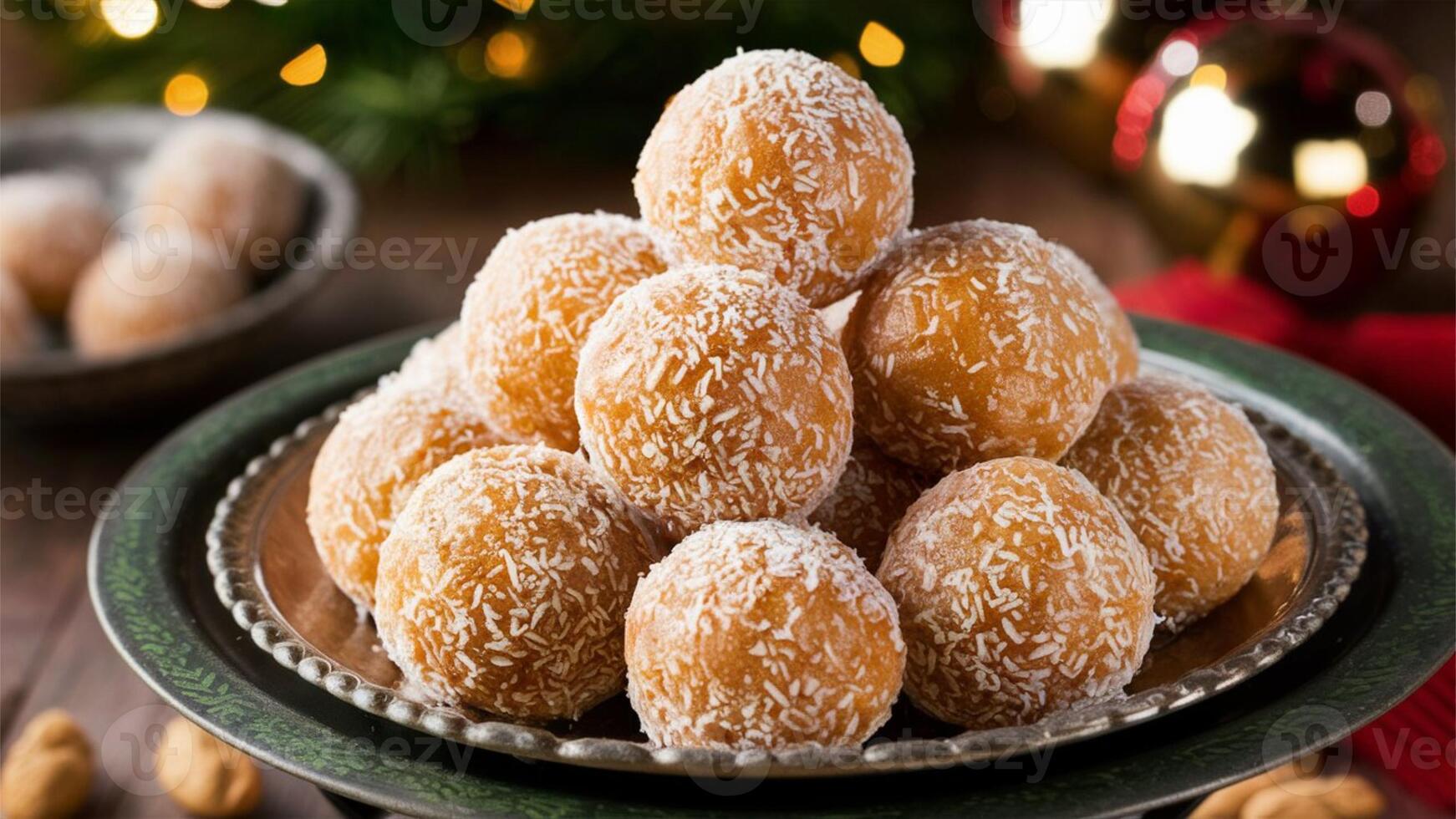 Peanut Balls Sweet peanut balls rolled in coconut, presented on a vintage tray, with a festive background, showcasing their nutty, indulgent, photo