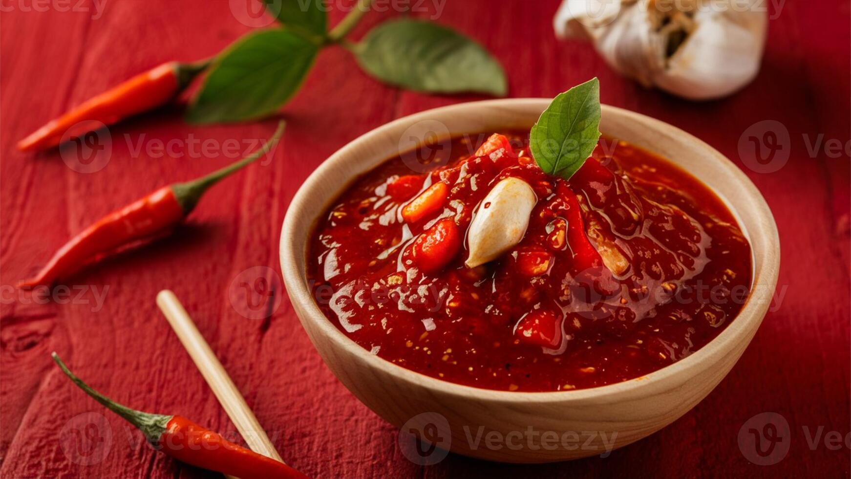 Chili Sauce Spicy chili sauce with red chilies and garlic cloves, set against a vibrant red backdrop, delivers an explosion of heat and flavor. photo