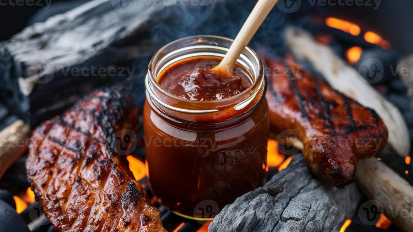 Barbecue Sauce Smoky, rich barbecue sauce in a mason jar, surrounded by charred wood and glowing embers, enhances the flavor of grilled meats. photo