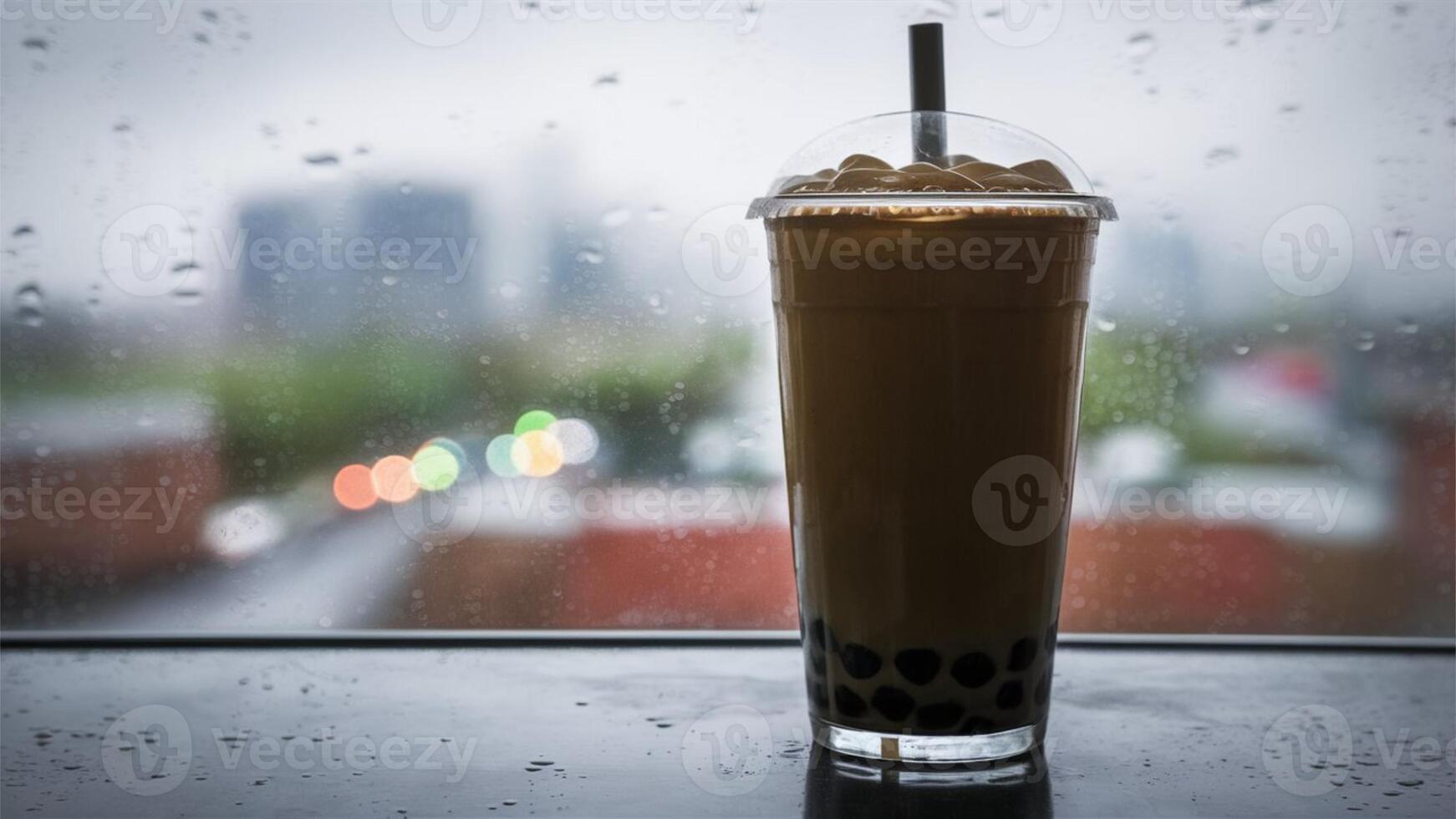 Creamy Bubble Tea Homemade bubble tea with tapioca pearls in a tall glass, set against a slightly blurred cityscape through a rainy window, photo