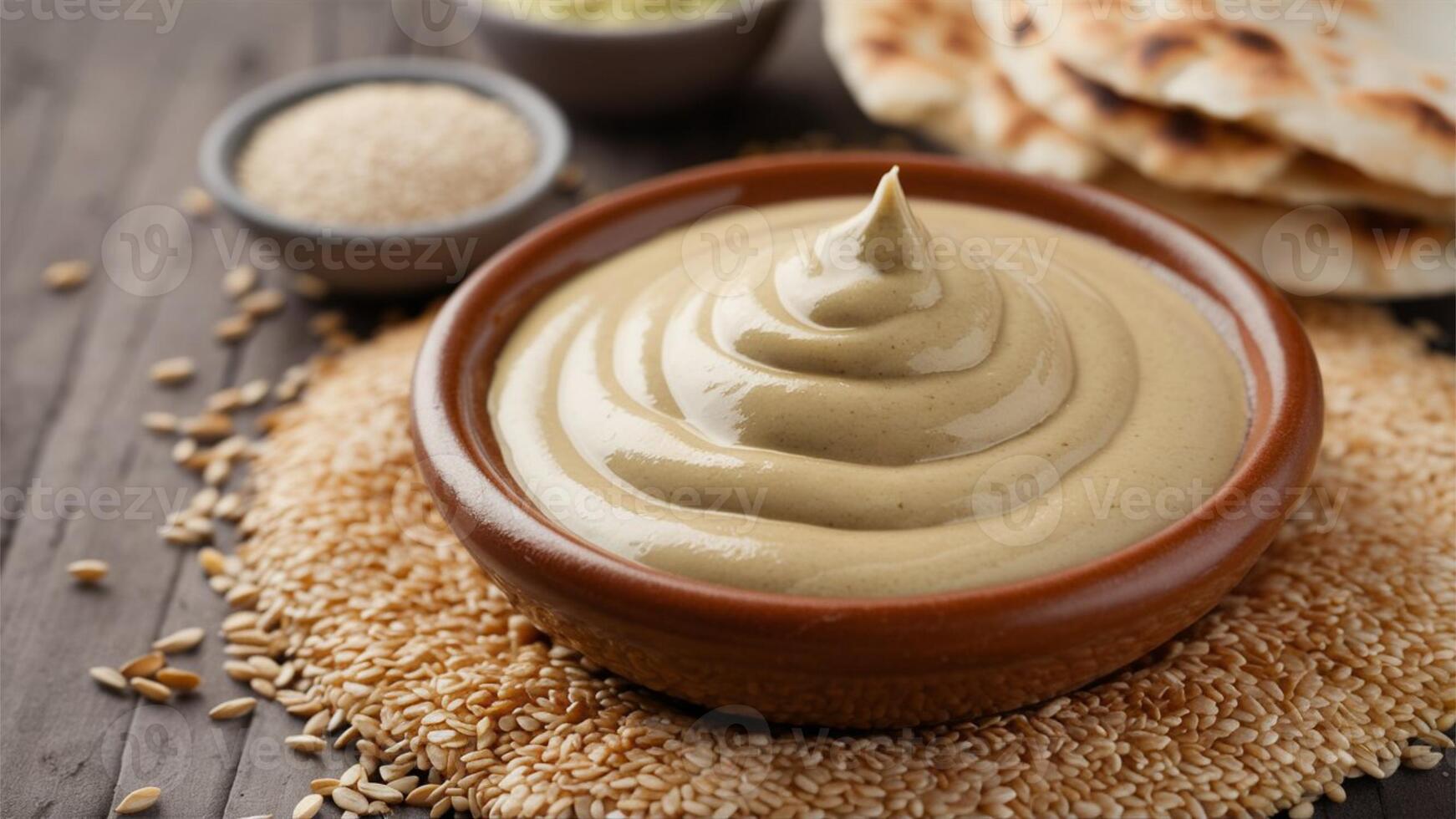 Tahini Smooth, nutty tahini in a clay dish, surrounded by sesame seeds and pita bread, connects to Middle Eastern culinary traditions. photo