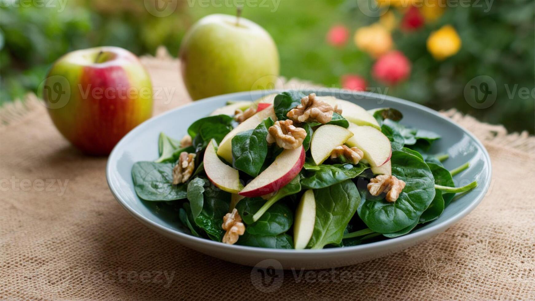 Fall Apple Salad A vibrant apple walnut spinach salad, on a rustic tablecloth with a faint garden in the background photo