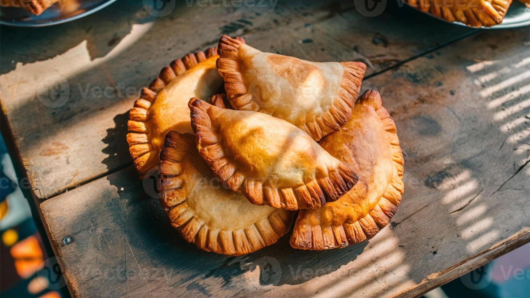 Empanadas Golden-brown empanadas with slightly uneven edges, arranged on a weathered wooden table. The background includes a bustling street food stall photo