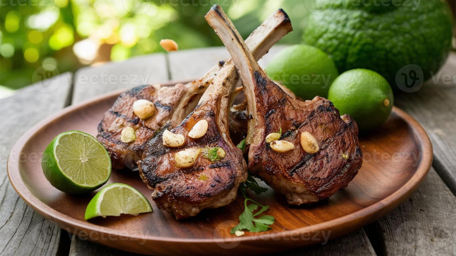 Garlic Lamb Chops Organic grilled lamb chops garnished with garlic and lime, served on a wooden platter with a softly blurred garden view, photo