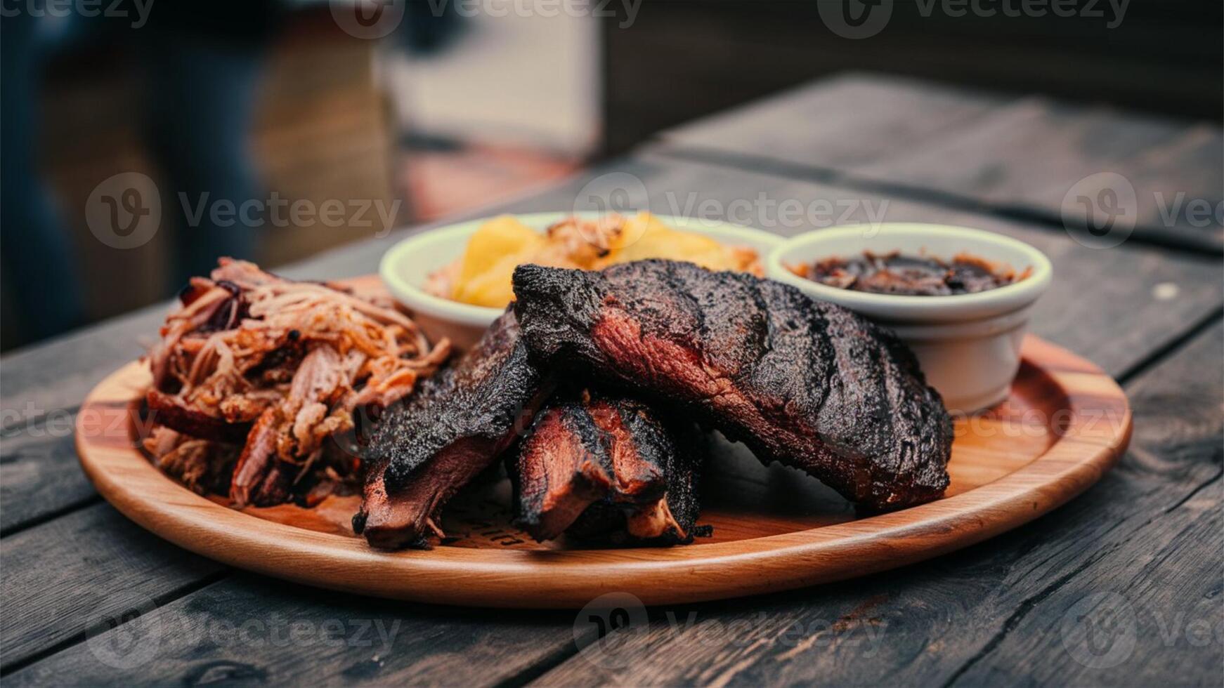 Smoked Brisket and Ribs Platter Barbecue smoked brisket and ribs platter with pulled pork and sides photo