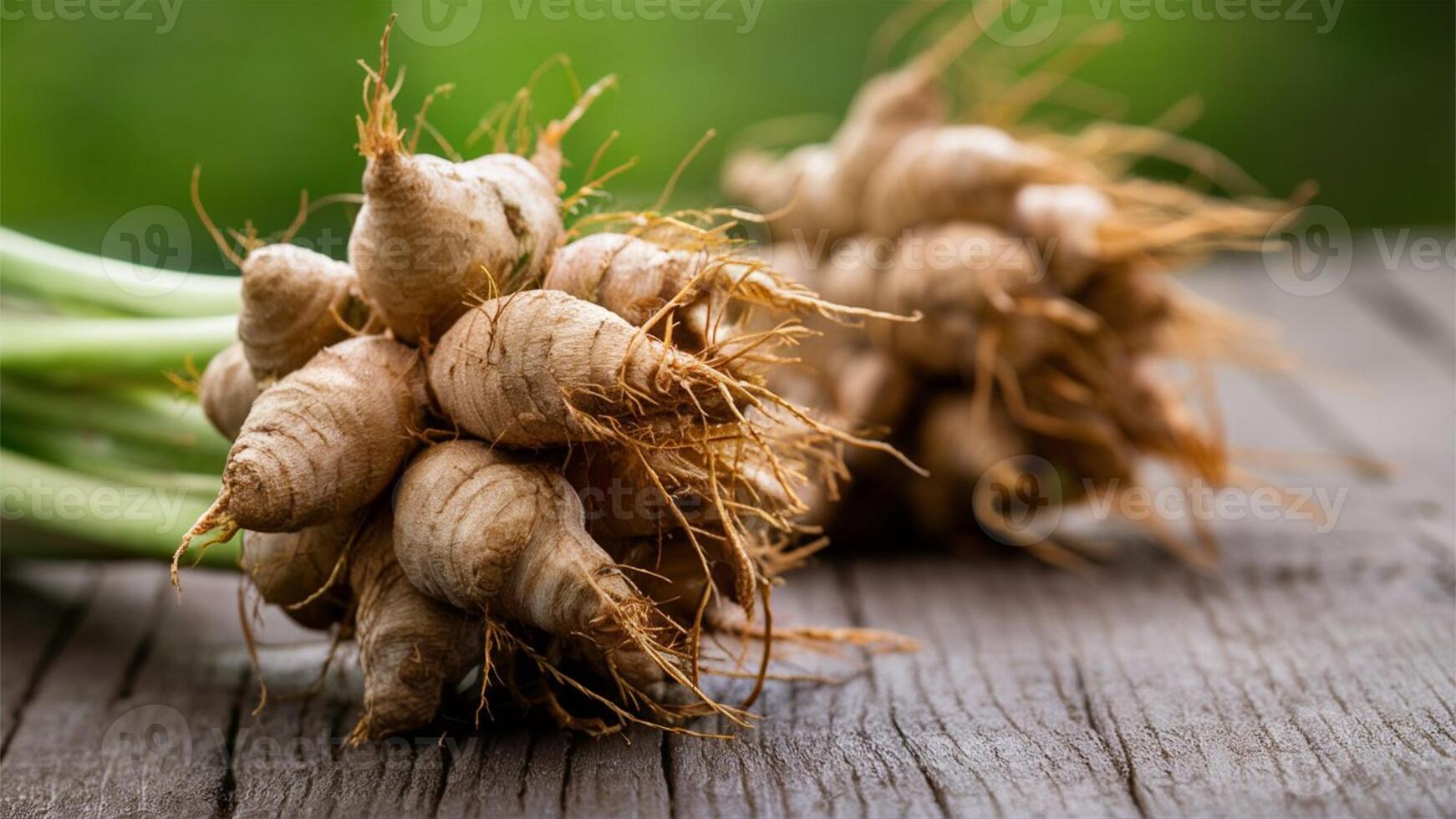 Burdock Root A cinematic close-up of fresh burdock root, showcasing its rough, earthy texture and long, slender shape, set against a softly blurred vegetable background. photo