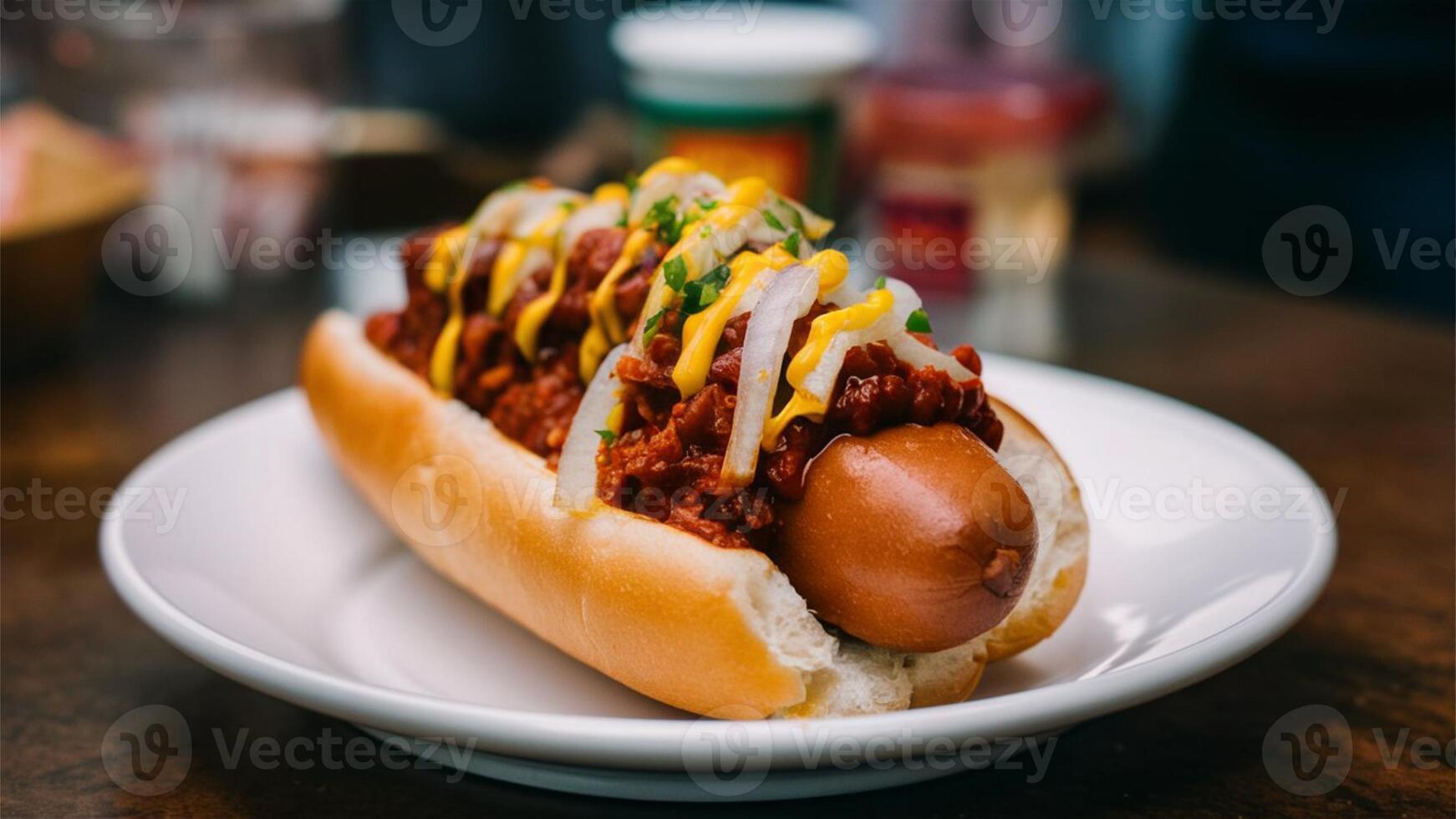 Coney - Hot dog topped with chili, onions, and mustard. photo