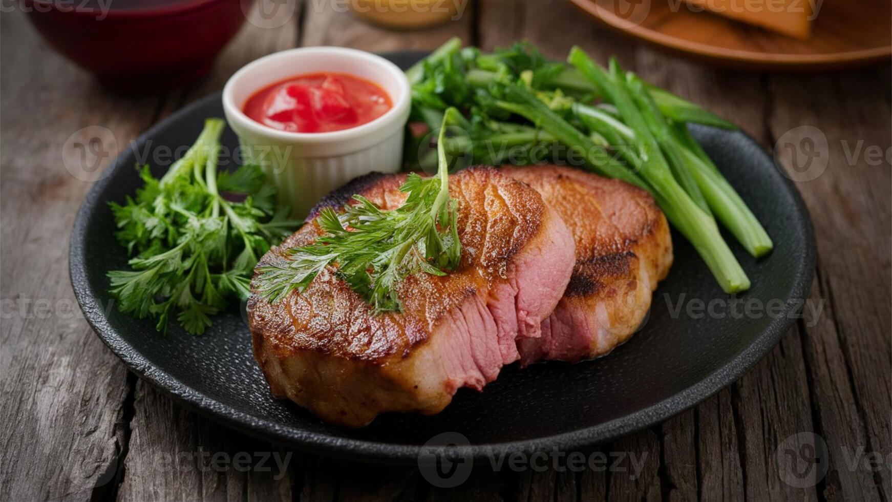 Pork steak - St. Louis-style cut of pork, often grilled or pan-fried. photo