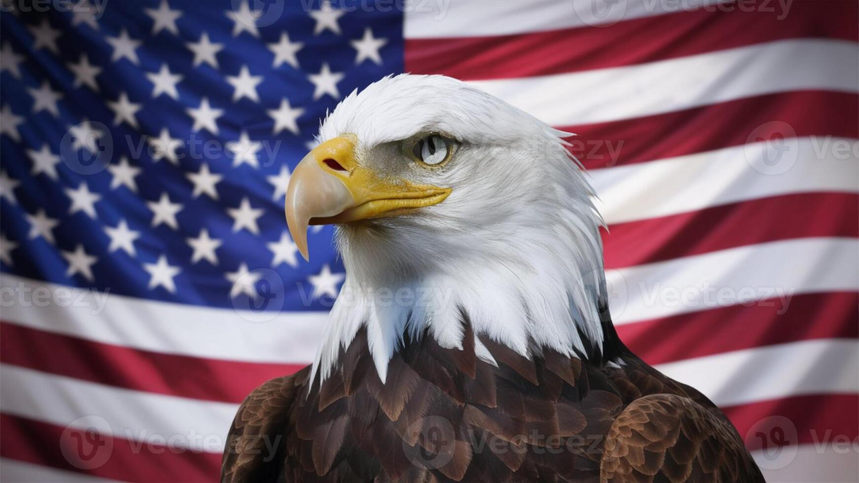 North American Bald Eagle with American flag photo