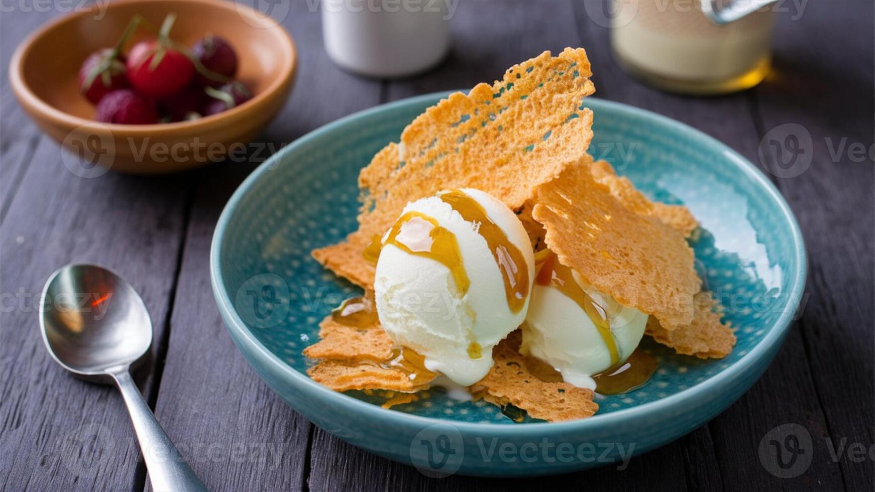 Crisps with Yogurt Ice Cream and Honey Thin, crispy wafers served with tangy yogurt ice cream and drizzled with honey, photo
