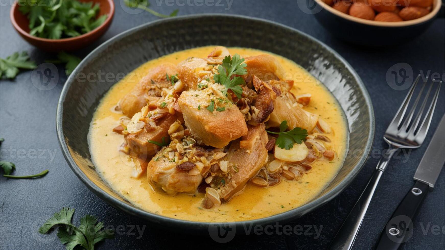 Chicken in Egg and Almond Sauce Tender chicken pieces cooked in a rich, creamy sauce made from eggs and ground almonds, photo