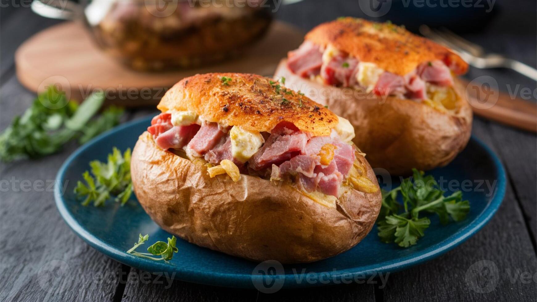 Baked Ham Stuffed Potatoes Baked potatoes filled with savory ham, offering a delicious and comforting side dish. photo