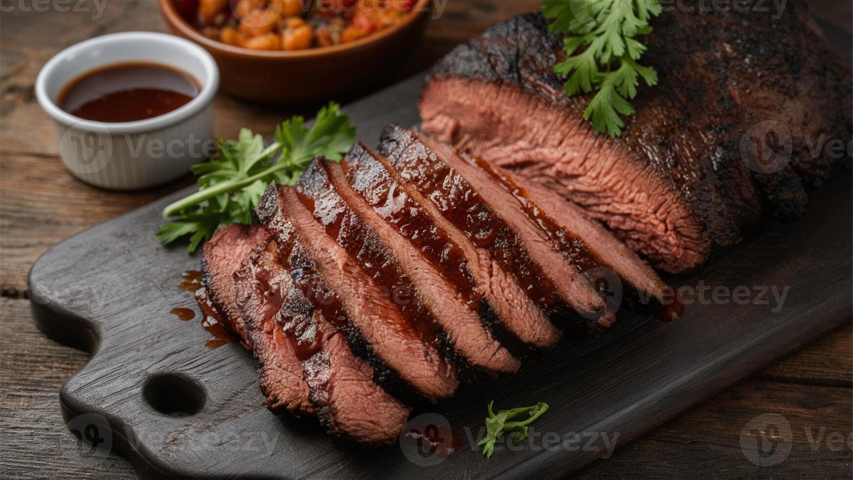 BBQ Brisket Slow-smoked beef brisket, tender and flavorful, often served sliced with a rich BBQ sauce. photo