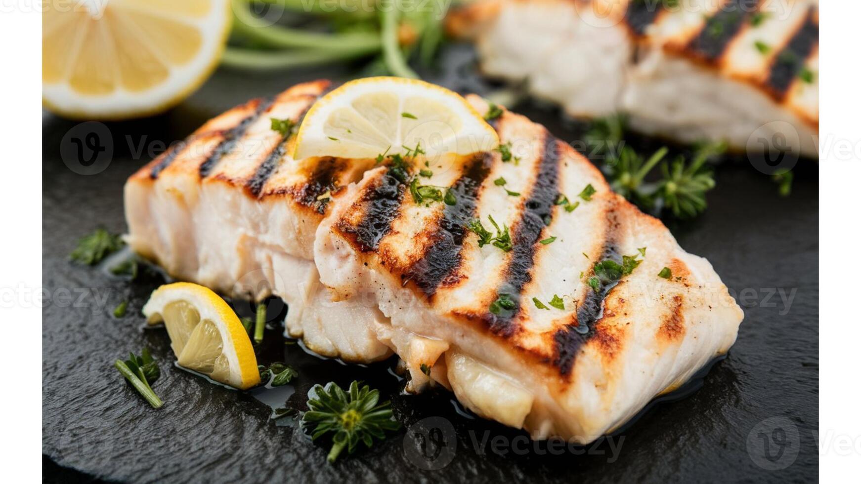 Grilled Halibut Flaky grilled halibut with charred grill marks, garnished with lemon and herbs photo