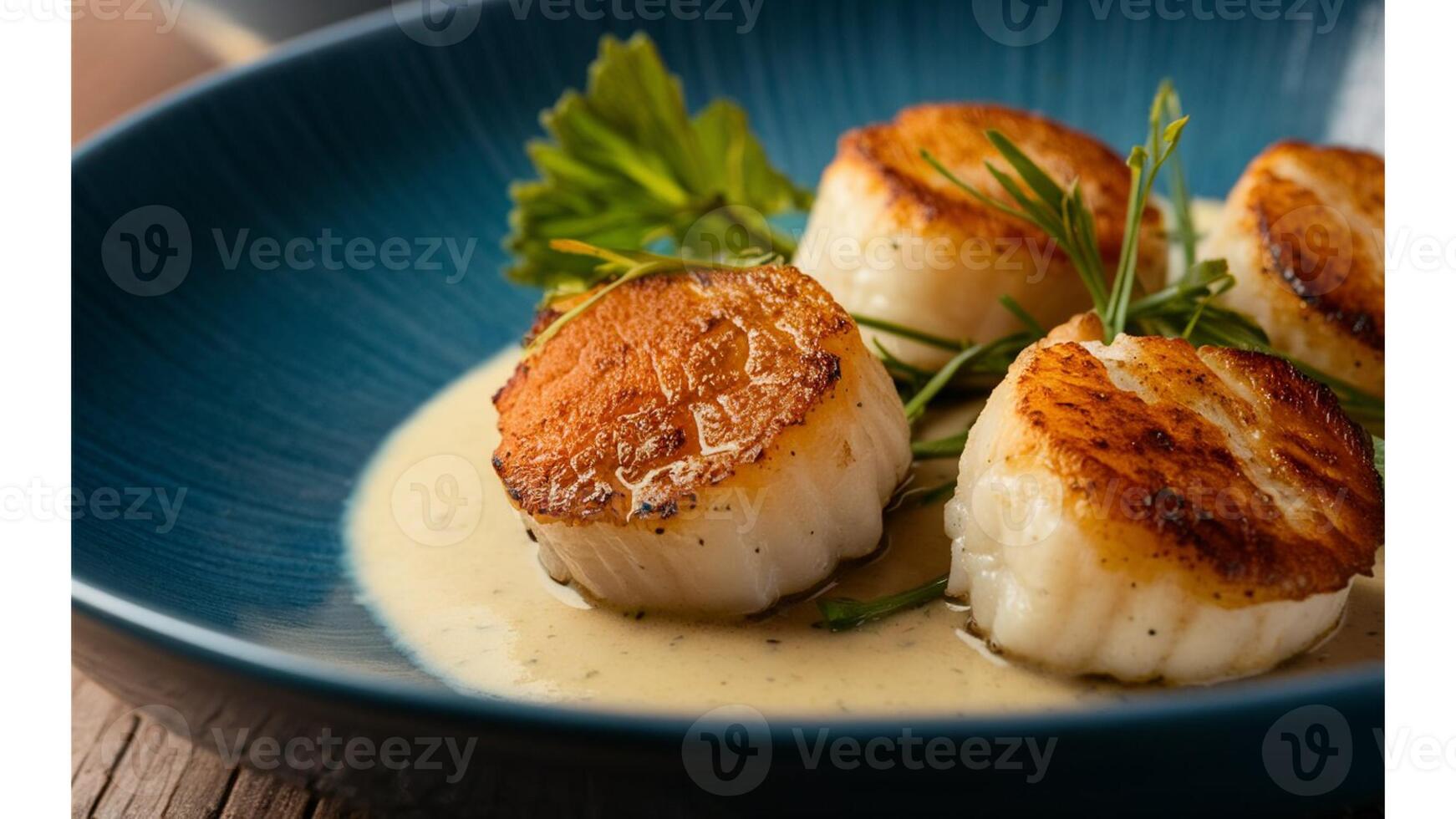 Seared Scallops Delicate seared scallops with a golden-brown crust, served on a bed of creamy sauce photo