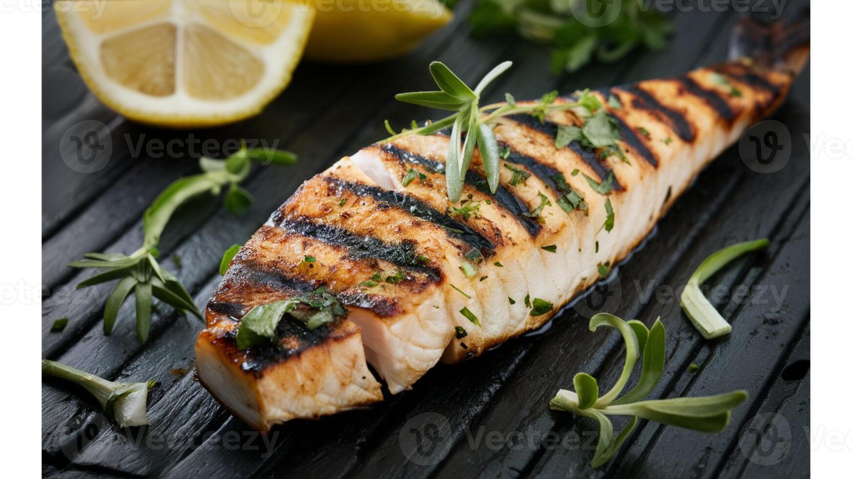 Grilled Swordfish Firm, flaky swordfish with charred grill marks, garnished with fresh herbs and lemon photo