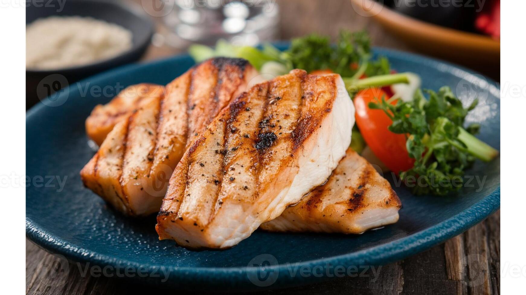 Grilled Swordfish Tender grilled swordfish with a slight char, served with a side of fresh vegetables photo