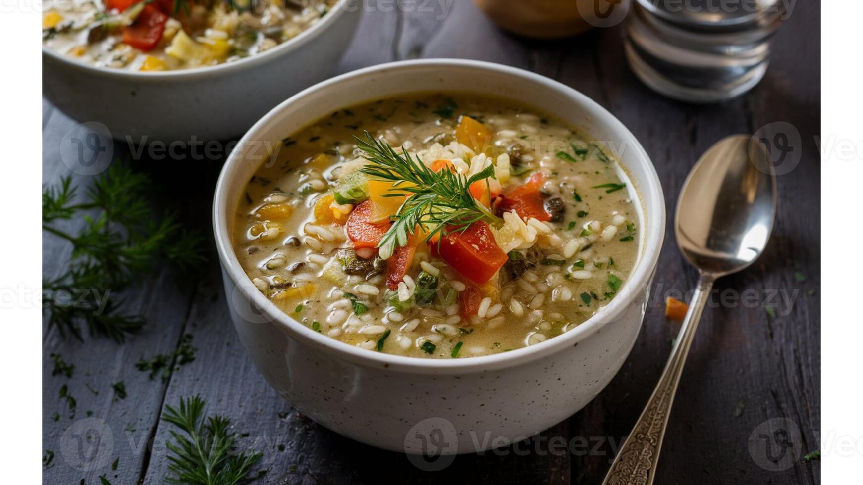 Wild Rice Soup Creamy wild rice soup with tender grains and a mix of fresh vegetables, garnished with herbs photo
